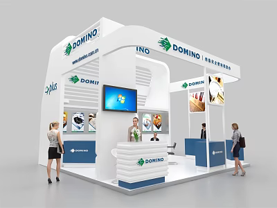 Domino Modern Trade Show Booth With White Blue Design Screen Product Images And People 3d model