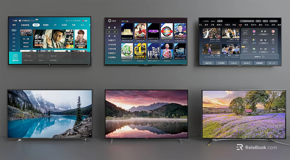 Multiple Televisions Displaying Scenic Landscapes App Interfaces And Video Content 3d model 
