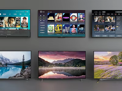 Multiple Televisions Displaying Scenic Landscapes App Interfaces And Video Content 3d model