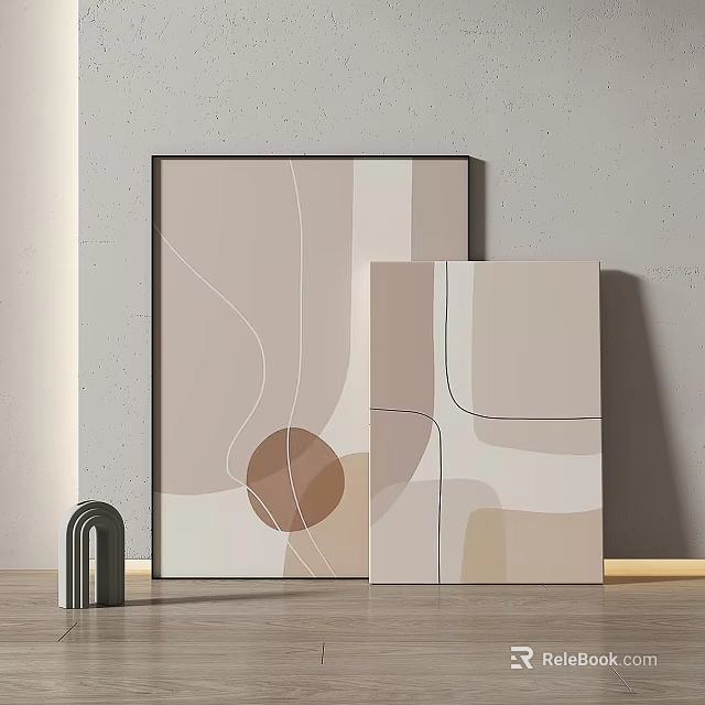 Abstract Paintings With Neutral Tones Curved Geometric Lines On Gray Wall Wooden Floor Arched Decor 3d model 