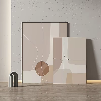 Abstract Paintings With Neutral Tones Curved Geometric Lines On Gray Wall Wooden Floor Arched Decor 3d model