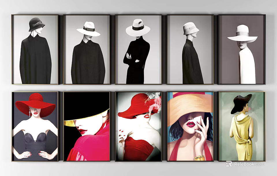 Stylish Portrait Paintings Collection With Hats In Black White And Colorful Tones 3d model 