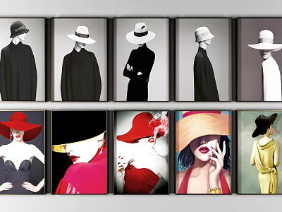 Stylish Portrait Paintings Collection With Hats In Black White And Colorful Tones 3d model
