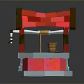 Pixel Style Well Structure With Red Roof Brown Supports And Wooden Bucket