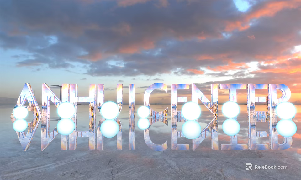 3D Letters of ANHUI CENTER with Sunset Sky Water Reflection and Illuminated Spheres 3d model 