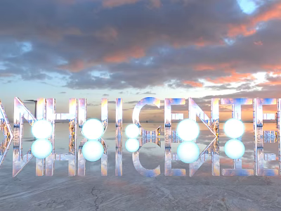 3D Letters of ANHUI CENTER with Sunset Sky Water Reflection and Illuminated Spheres 3d model