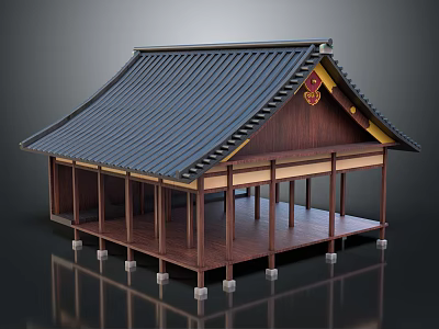 Traditional Ancient Building With Dark Tiled Roof And Curved Wooden Eaves Structure 3d model