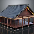 Traditional Ancient Building With Dark Tiled Roof And Curved Wooden Eaves Structure
