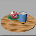 Pink Dessert With Strawberry Decoration And Blue Steaming Coffee Cup On Wooden Round Tray