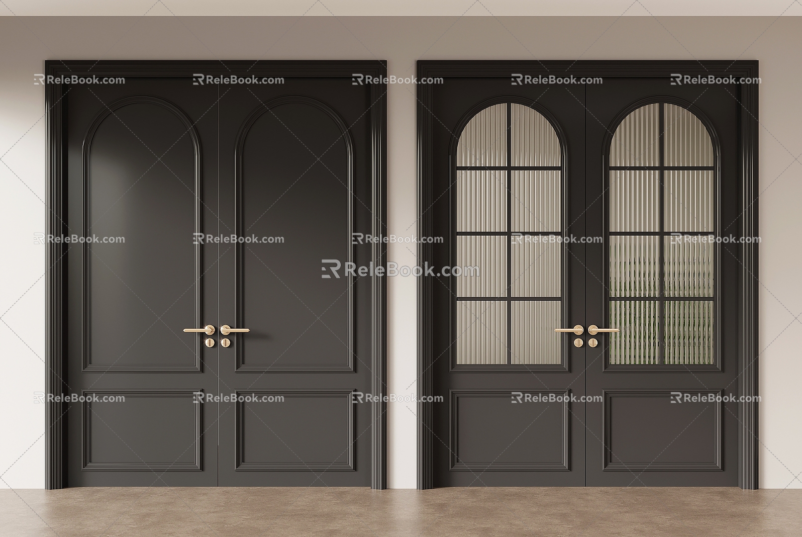 French retro style double door interior door wooden door glass door 3d model