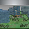 Modern High Rise Buildings With Glass Facades Surrounded By Green Lawns And Trees