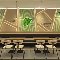 Modern Restaurant Interior With Round Tables Colorful Chairs Pendant Lights And Service Counter