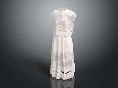 Elegant White Sleeveless Lace Dress With Floral Pattern For Women 3d model