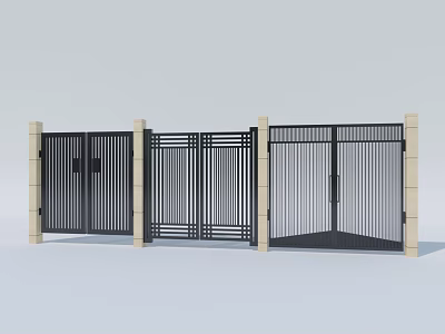 Modern Black Metal Gate Design With Beige Stone Pillars And Slatted Panels 3d model