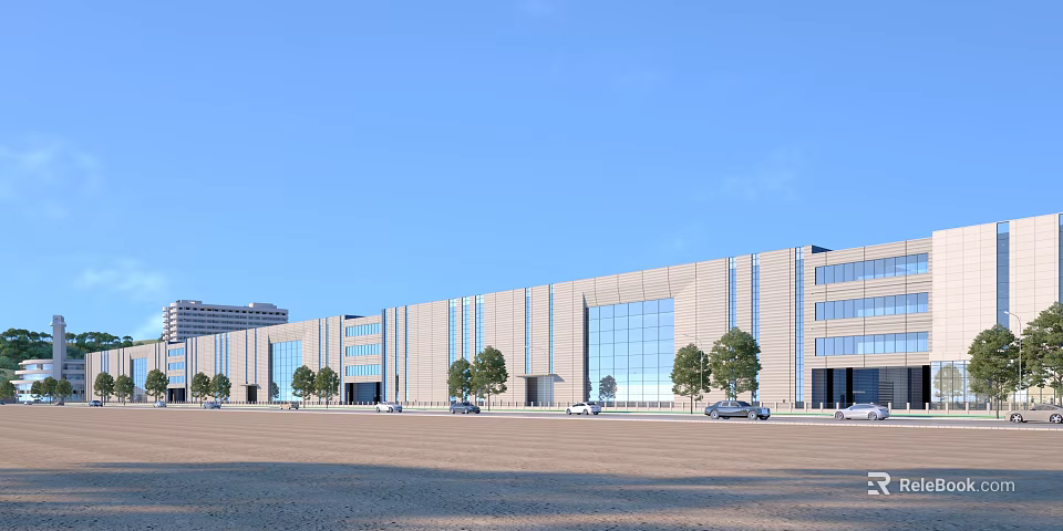 Modern Industrial Factory Building Exterior With Large Glass Windows Trees And Open Ground 3d model 