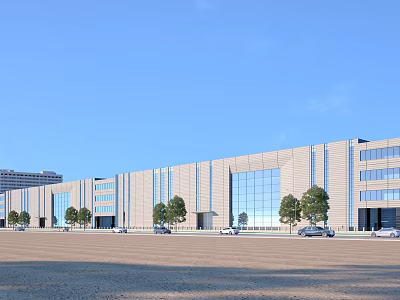 Modern Industrial Factory Building Exterior With Large Glass Windows Trees And Open Ground 3d model