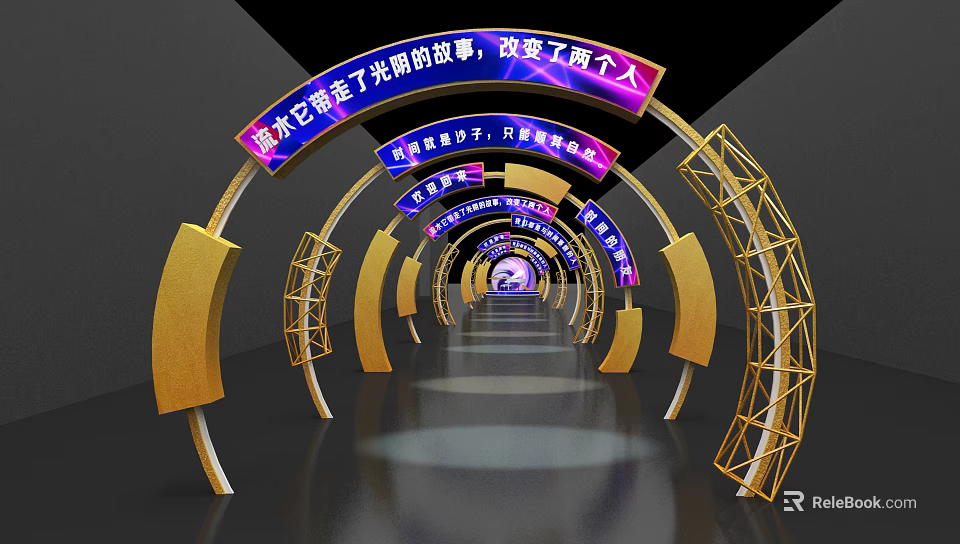 Art Installation Tunnel Entrance With Golden Frames And Purple Light Strips 3d model 