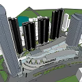 Modern Commercial Complex With High Rise Buildings And Central Open Green Spaces