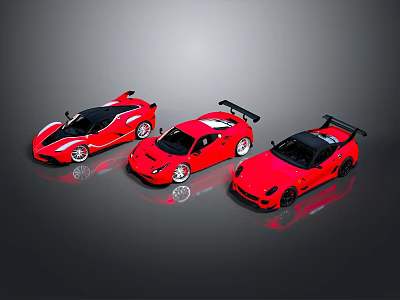 Three Red Sports Cars With Sleek Design And Rear Spoilers Features 3d model