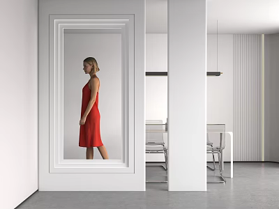 Modern Interior Design With White Framed Partition And Mirror Reflection 3d model