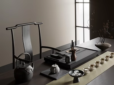Classic Chinese Tea Set On Dark Wooden Table With Teapot Teacups And Flower Vase 3d model