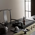 Classic Chinese Tea Set On Dark Wooden Table With Teapot Teacups And Flower Vase