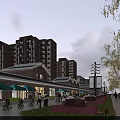 Modern Commercial Street With Multi Story Buildings Shops Green Awnings Pedestrians Greenery And Street Lamps