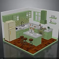 Green Kitchen Interior With White Countertop Island Refrigerator Red Wooden Floor And Cabinets