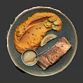 Grilled Salmon Fillet With Pumpkin Puree And Lemon Sauce On Ceramic Plate
