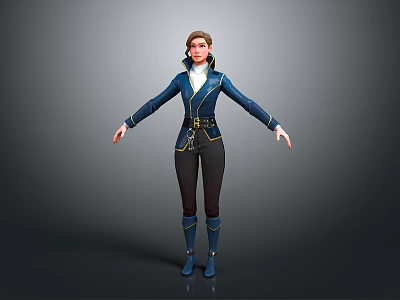 Woman In Blue Coat With Golden Belt Black Pants And Blue Boots Standing Pose 3d model