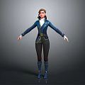 Woman In Blue Coat With Golden Belt Black Pants And Blue Boots Standing Pose