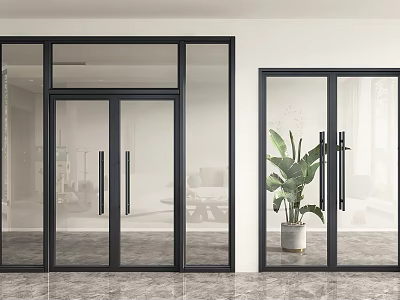 Glass Double Doors In Modern Interior With Black Frame And Potted Plant On Marble Floor 3d model