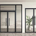 Glass Double Doors In Modern Interior With Black Frame And Potted Plant On Marble Floor
