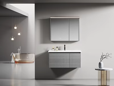 Modern Minimalist Bathroom Vanity With Gray Cabinet Mirror White Countertop Toiletries And Hanging Lights 3d model