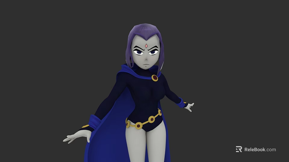 Game Movie Character With Purple Hair Gray Skin Blue Cape And Gold Accessories 3d model 