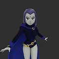 Game Movie Character With Purple Hair Gray Skin Blue Cape And Gold Accessories