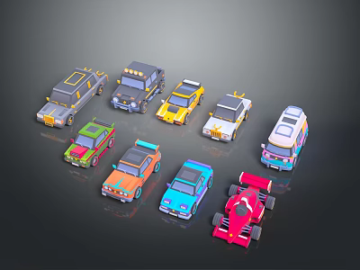 Colorful Cartoon Car Models Collection with Off road Police Race Van and SUV Types 3d model