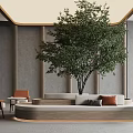 Stylish Curved Banquette Sofa In Modern Interior With Large Green Plant And Orange Chairs