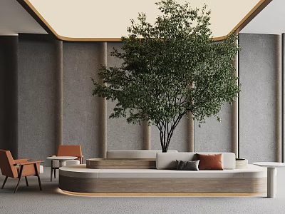Stylish Curved Banquette Sofa In Modern Interior With Large Green Plant And Orange Chairs 3d model