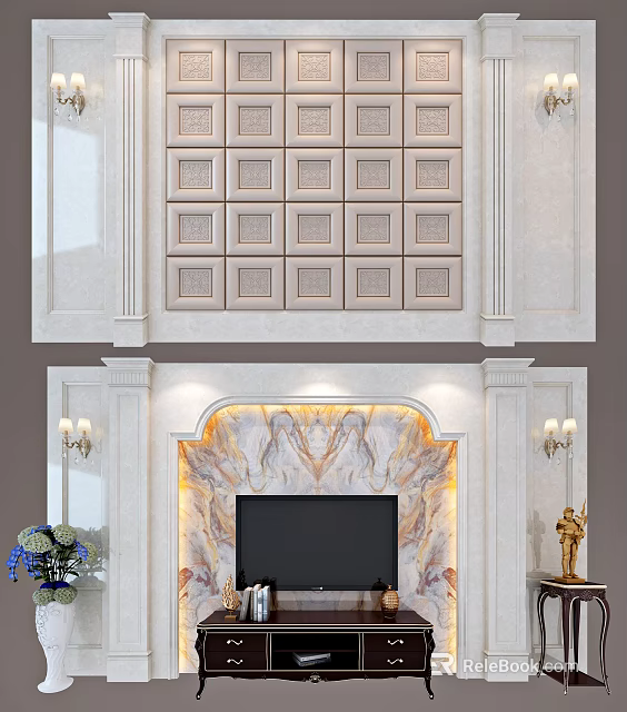 Elegant Modern TV Background Wall With Marble Panels And Decorative Wall Sconces 3d model