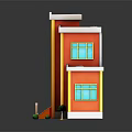 Red Two Story Building With Yellow Trim Blue Windows Front Steps Small Shrubs And Sign