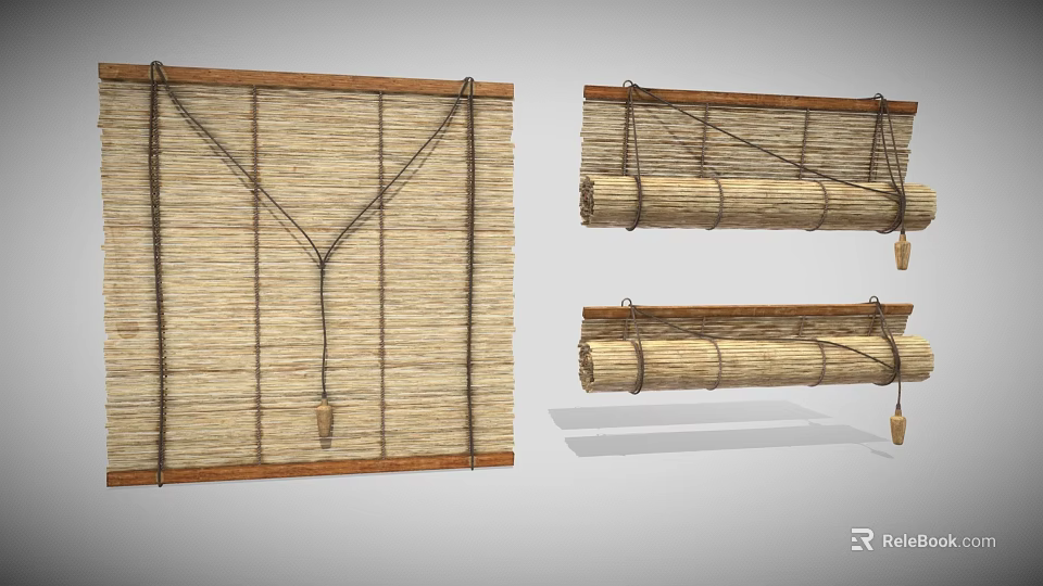 Straw Roll Up Window Blinds With Wooden Frame And Control Cord Design 3d model 