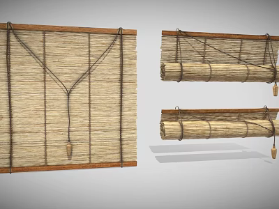 Straw Roll Up Window Blinds With Wooden Frame And Control Cord Design 3d model