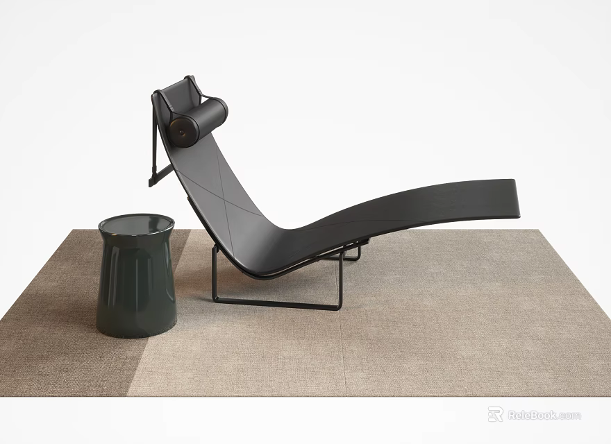 Modern Black Lounge Chair With Metal Frame And Green Cylindrical Side Table On Carpet 3d model 