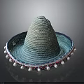 Woven Straw Sombrero Hat With Turquoise Hue Wide Brim And Colorful Pom Pom Trim