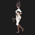 Anime Style Woman In White Dress With Brown Boots Headband And Belt Holding Axe