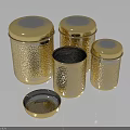 Golden Hammered Texture Lidded Canisters Set With Open Lid On Dark Reflective Surface 3d model