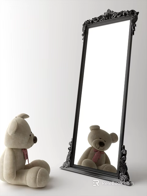 Stuffed Bear Looking at Reflection in Mirror with Black Stand on White Background 3d model
