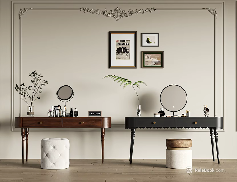 Elegant Dressing Tables Interior With Mirrors Stools Decorative Items And Beige Ornate Trim 3d model 