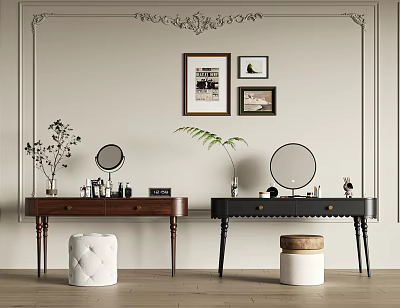 Elegant Dressing Tables Interior With Mirrors Stools Decorative Items And Beige Ornate Trim 3d model
